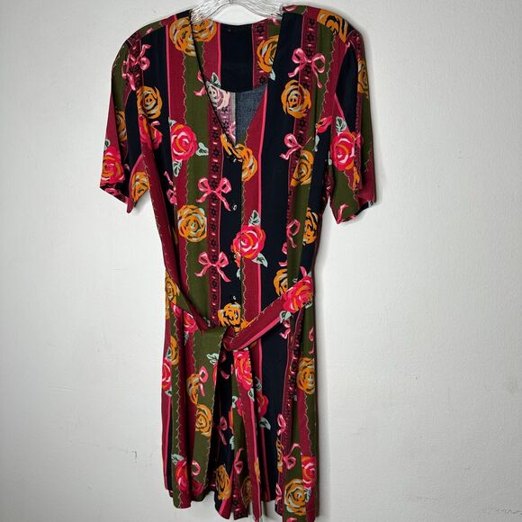 NWT RARE Vintage Dead Stock Black Green Stripe Red Rose Pink Bow Romper Medium - Picture 3 of 9